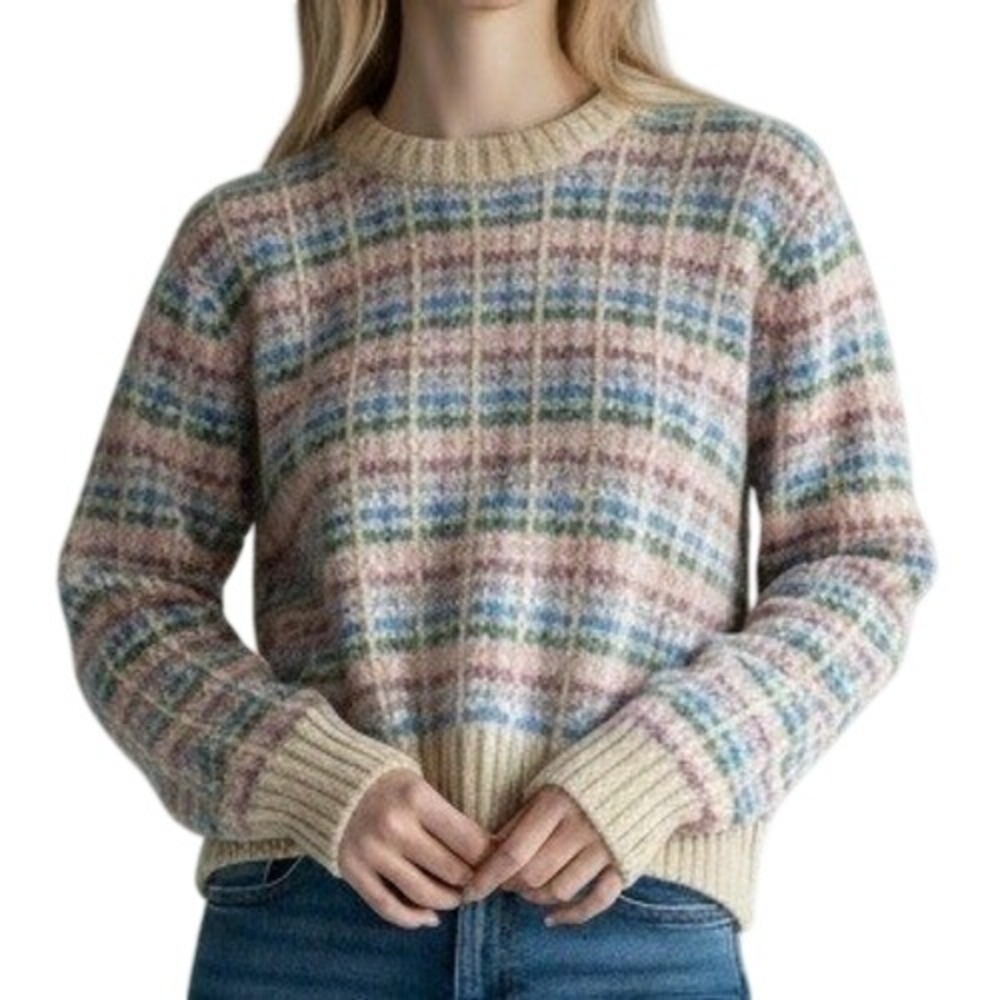 Vintage LL Bean Womens Wool Sweater S/M Pastel Plaid Crewneck Pullover Grandma
